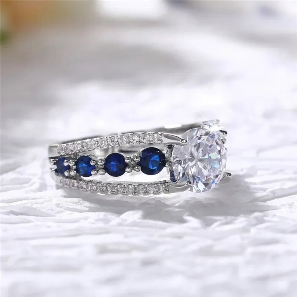 NIP Luxurious Banquet Creative Hollow out Sapphire Blue Zircon Ring - Size 7.5 - Picture 6 of 8